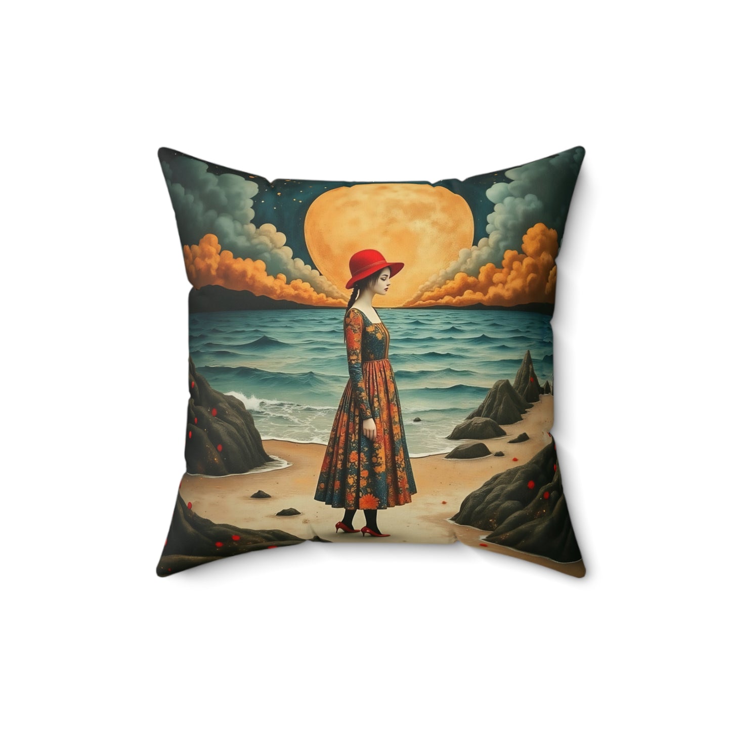 Moonlight  girl with red hat  Square Pillow - by Fairyhill Studio