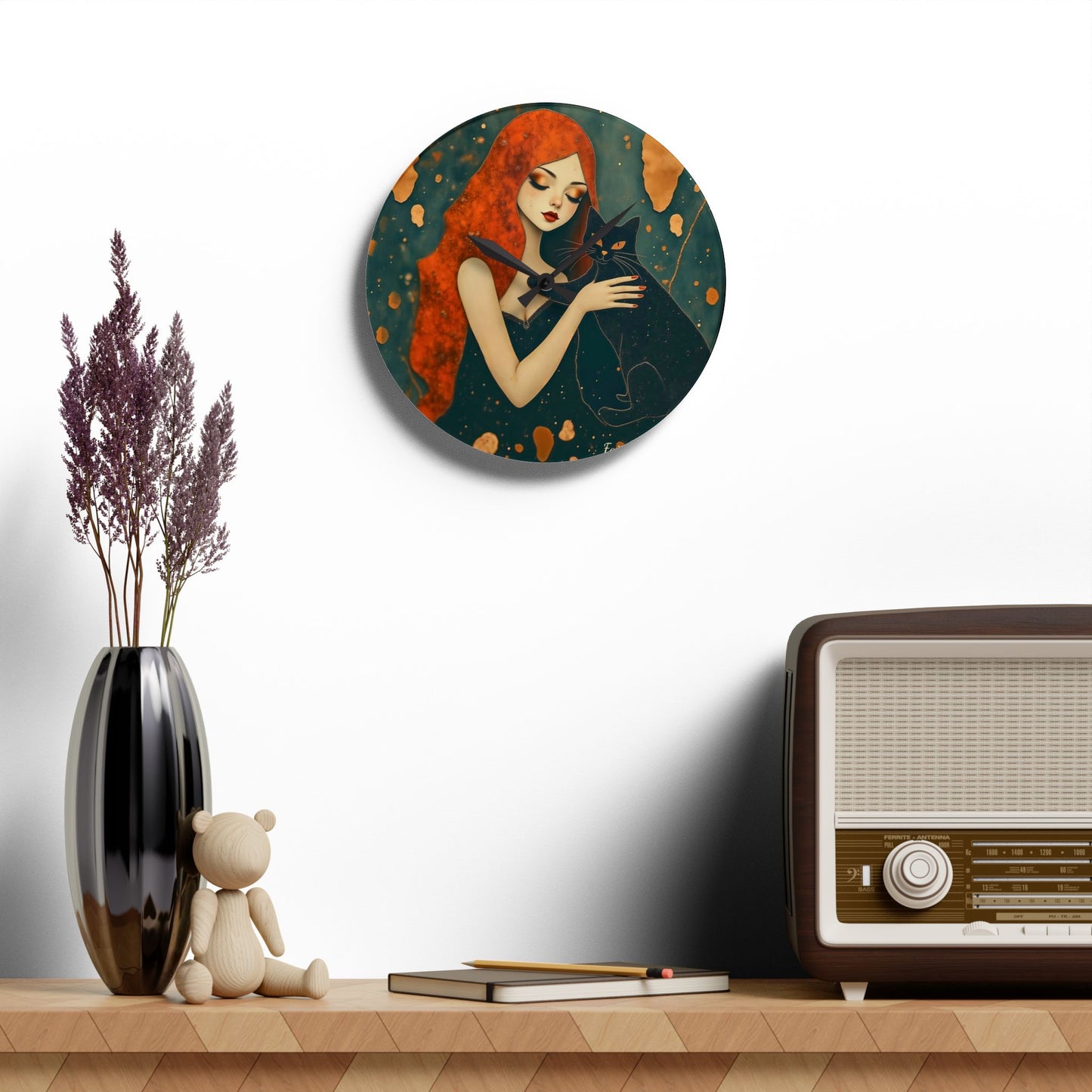 The Witching Hour Hug ,Girl with black cat   Wall clock  Gift   Acrylic Wall Clock