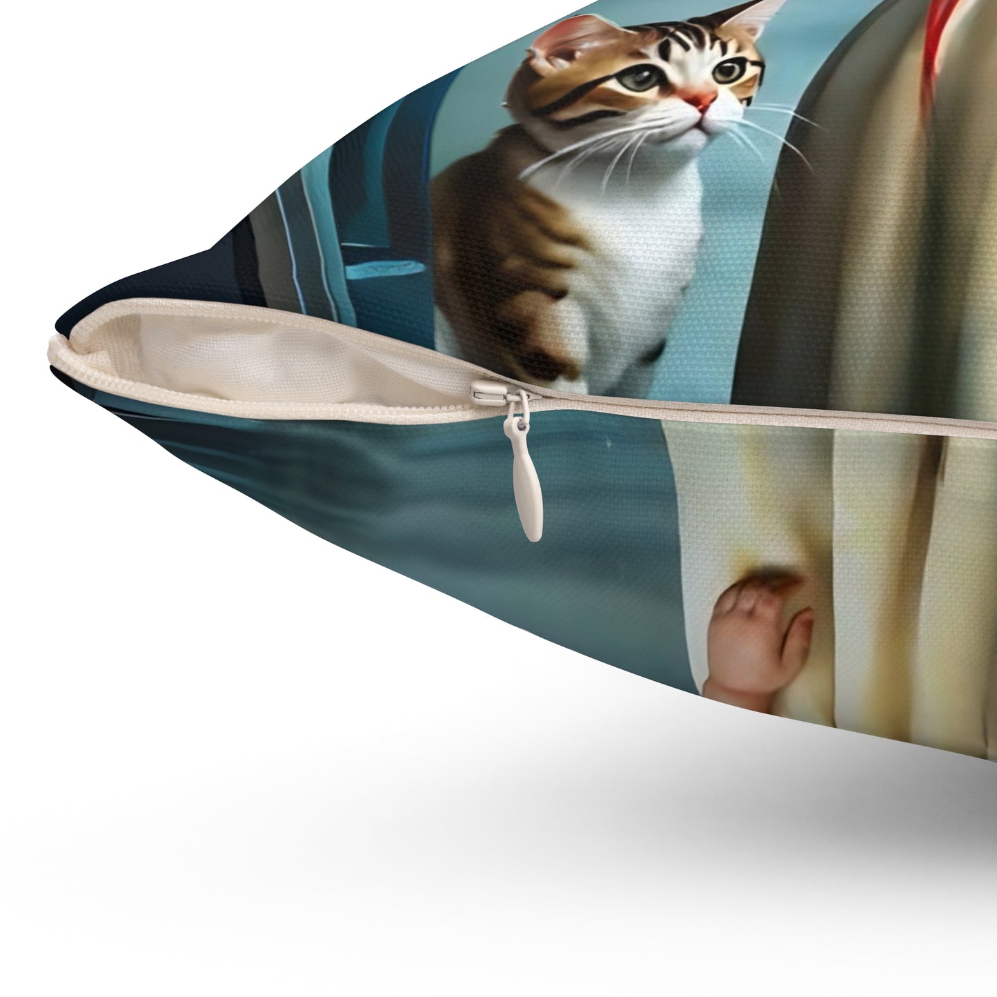 Square Pillow - Cute Girl with Red Love Balloon and Cat Art by Fairyhill Studio