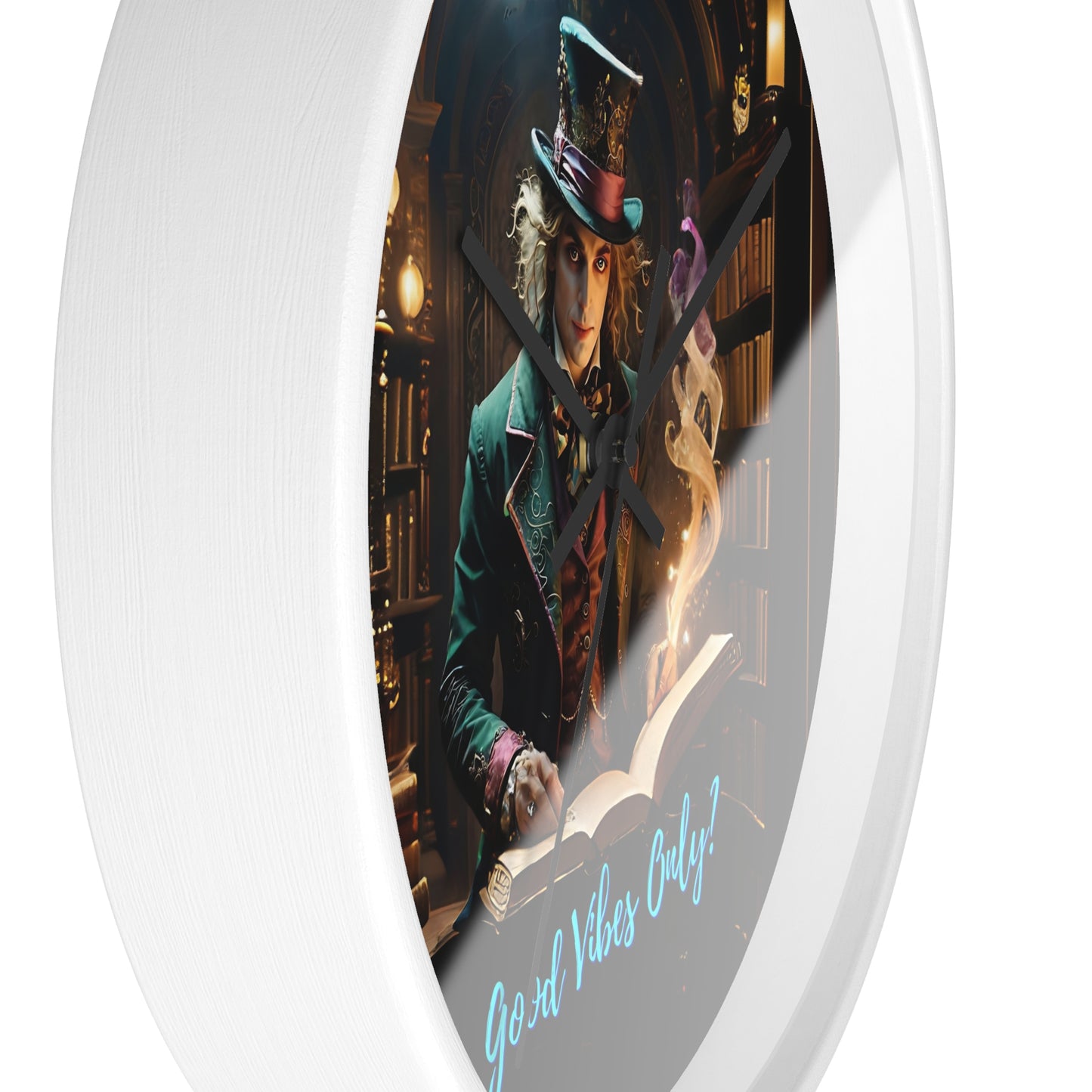 Wall Clock - &quot;Good Vibes Only&quot; Mad Hatter with Books Fairyhill Studio Art