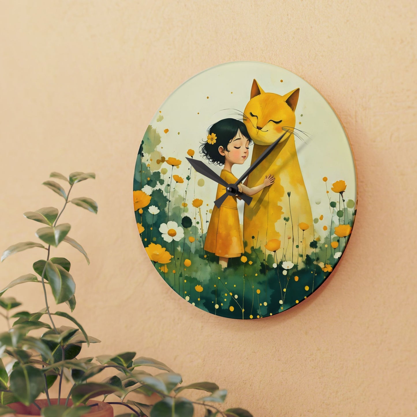Girl with yellow cat Acrylic Wall Clock