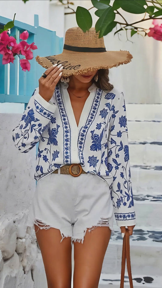“Boho chic floral top for vacation”